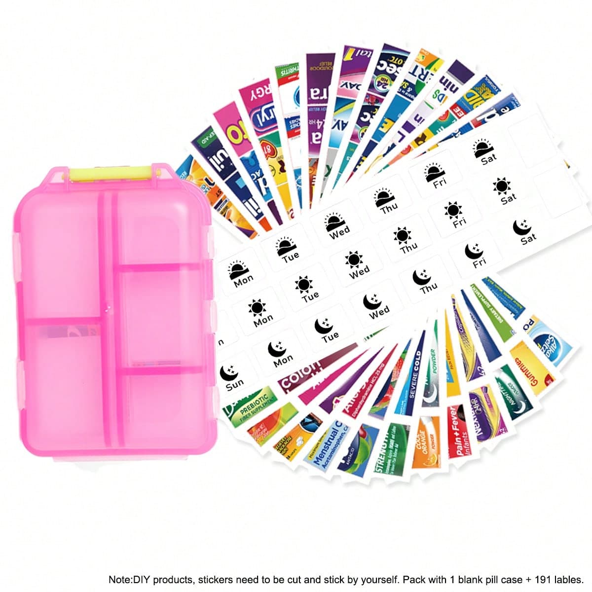 1 boîte de pilule de pharmacie de poche DIY avec 191 étiquettes de médicaments et autocollants hebdomadaires, petit conteneur de pilule quotidien